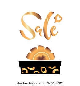Vector illustration, golden sale hand drawn lettering with gift box and heart sign. Applicable for promotion banners, flyers, bro?hures, signboards.