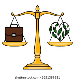 Ilustração vetorial de uma escamas douradas de justiça com uma pasta de um lado e uma planta em forma de coração do outro, simbolizando o equilíbrio entre o trabalho e a natureza.