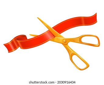 Ilustración vectorial de las tijeras doradas que cortan la cinta roja.
