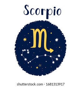 Vector illustration of golden Scorpio zodiac sign and constellation in a circle isolated on a white background. 