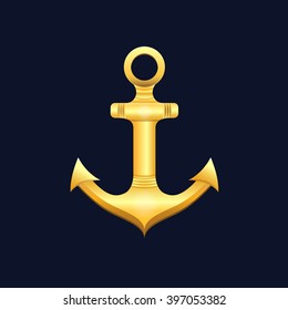 Vector illustration of golden sea anchor on a dark background. Illustration in a nautical style. Realistic anchor. Vector background for cards, invitations, banners, web-sites.