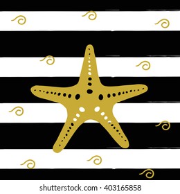 Vector illustration of golden sea star on the black stripes. 