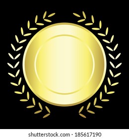 Vector illustration of Golden seal, laurel wreath, black background