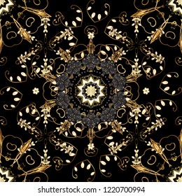 Vector illustration. Golden seamless pattern on gray, black and brown colors with golden elements. Vector abstract background with repeating elements. Seamless damask classic golden pattern.