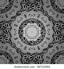 Vector illustration. Golden seamless pattern on background with white elements. Vector abstract background with repeating elements. Seamless damask classic white pattern.