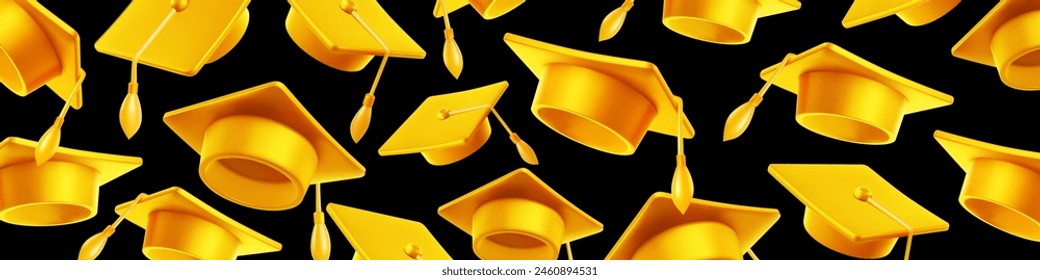 Vector illustration of golden shine graduate cap on black background. Caps thrown up pattern. 3d style design of congratulation graduates 2024 class with graduation hat for web, site, banner, poster