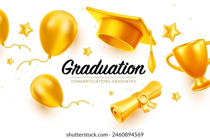 Vector illustration of golden shine graduate cap and diploma on white background. 3d style design of congratulation graduates 2024 class with graduation hat and winner cup. Graduation word