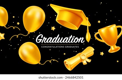 Vector illustration of golden shine graduate cap and diploma scroll on black background. 3d style design of congratulation graduates 2024 class with graduation hat and winner cup. Graduation word