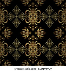 Vector illustration. Golden shiny ornament on black background, damask seamless pattern, abstract shapes.