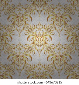 Vector illustration. Golden shiny ornament on gray background, damask seamless pattern, abstract shapes.