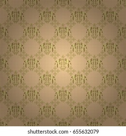 Vector illustration. Golden shiny ornament on beige background, damask seamless pattern, abstract shapes.