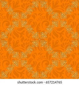 Vector illustration. Golden shiny ornament on orange background, damask seamless pattern, abstract shapes.