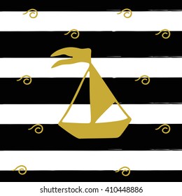 Vector illustration of the golden ship on the background with black stripes. Hand drawn vector art.