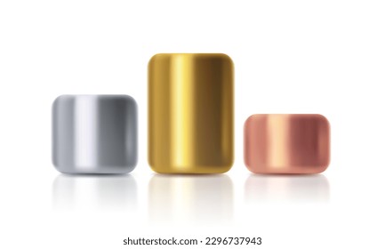 Vector illustration of golden, silver and bronze podiums on isolated background. Vector set icons of golden, silver and bronze cylinder in realistic style.