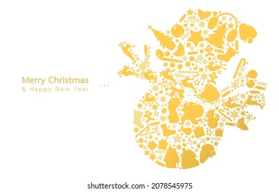 Vector illustration of golden snowman made of Christmas decorations,icons,Santa Claus,reindeers,christmas tree,snowflake, sock,template greeting card,Merry Christmas,Happy New Year white background.