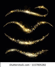 Vector illustration of golden sparkles, sparkling confetti waves, golden sand, glittering star dust trail. Golden fairy dust on black background.
