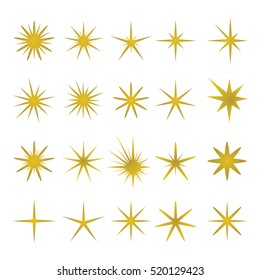 Vector illustration of golden sparks and sparks elements and symbols isolated on white background.  The set of stars, flares and golden flash effects