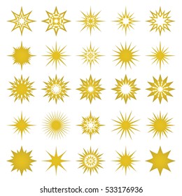 Vector illustration of golden sparks and sparks elements and symbols isolated on white background. The set of golden stars, flares