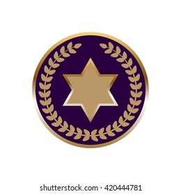 Vector illustration of Golden Star of David surrounded by a laurel wreath on a purple background.