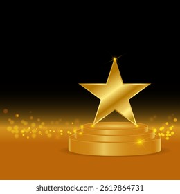 Vector illustration of Golden Star on a podium with glitter background