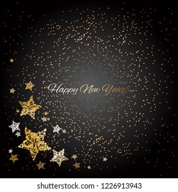 Vector illustration of Golden stars in the black night sky. New Year