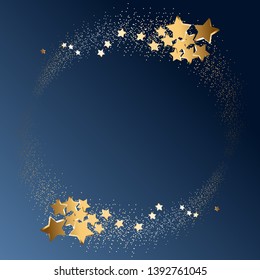 Vector illustration of Golden stars and sparkles on a blue background. Glowing ball. Fireworks. Happy holiday!