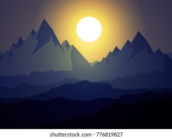 Vector illustration. Golden sunset in the mountains, View in the evening