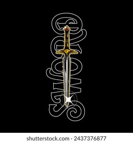 Vector illustration of a golden sword with a big sword text background