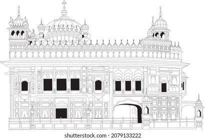 Vector illustration of Golden Temple, Line art of historical building, Worship place of Sikhs in Indian