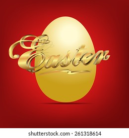 Vector illustration Golden text on egg of Easter Greetings on red background