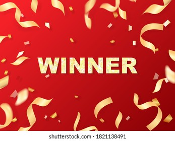 Vector illustration. Golden text Winner with golden confetti