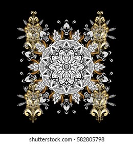 Vector illustration. Golden textured curls. Oriental style arabesques. Vector golden pattern. Black background with golden elements.