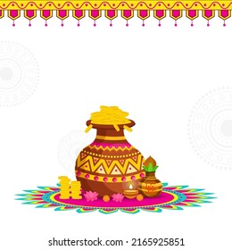 Vector Illustration Of Golden Treasure Pot With Traditional Pot (Kalash), Lit Oil Lamp (Diya), Lotus Flowers And Copy Space On White Background.