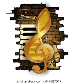Vector illustration golden treble clef on a background of a brick wall and saxophone and piano keys. Isolated objects can be used with any image or text.