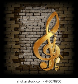 Vector illustration golden treble clef on a background of a brick wall and saxophone. Can be used with any image or text on a black background.