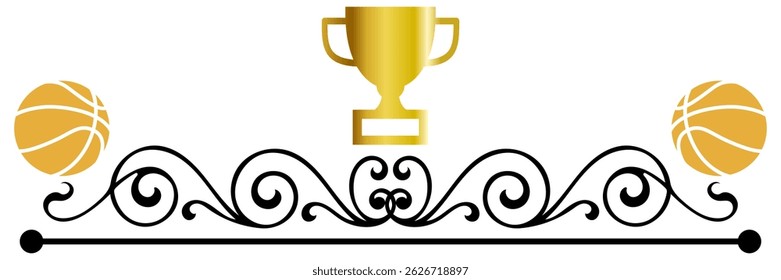 Vector illustration of a golden trophy with basketballs and elegant black swirls. Ideal for basketball championship themes, sports banners, and victory celebration designs.