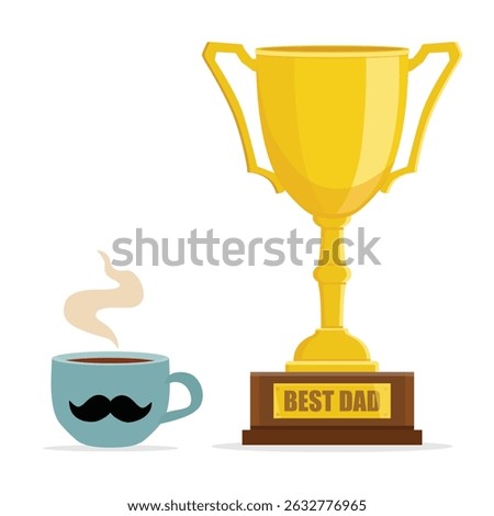 Vector illustration of golden trophy cup with the text "Best Dad" and  blue coffee mug with a mustache design. Isolated on white background. For Father's Day gifts, celebrations