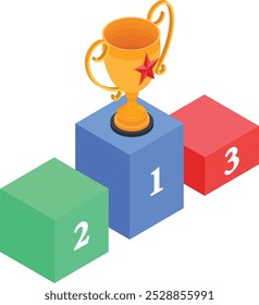 A vector illustration of a golden trophy on a podium with numbered cubes. Perfect for award ceremonies, sports events, and motivational designs.