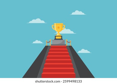 vector illustration of Golden Trophy on Podium with Red Carpet Under Blue Sky