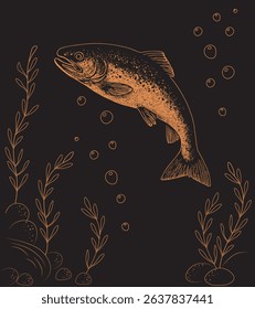 Vector illustration of golden trout underwater with bubbles and aquatic plants