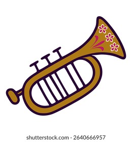 A vector illustration of a golden trumpet adorned with pink flowers, showcasing a vibrant and festive design perfect for celebrations and musical themes.