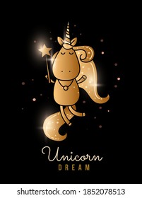 Vector illustration of golden unicorn with magic wand and text on black background