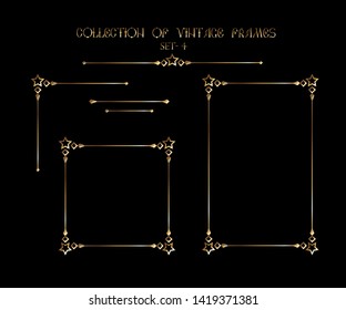 
Vector illustration of golden vintage frames on black background. Linear drawing of vintage frames.