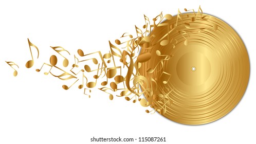 Vector Illustration Of Golden Vinyl Record With Notes