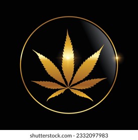 Eine Vektorgrafik mit goldenem Weed-Logo, Vektorgrafik auf schwarzem Hintergrund mit goldenem glänzendem Effekt