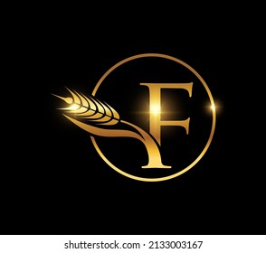 A vector illustration of Golden Wheat Grain Monogram Initial Letter F