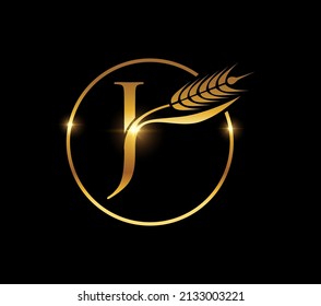 A vector illustration of Golden Wheat Grain Monogram Initial Letter J