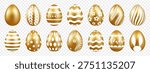 Vector illustration of golden and white easter eggs set on transparent background