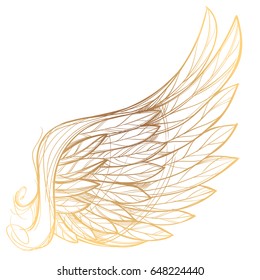 Vector illustration of golden wing, isolated on white background. Design element for emblem, sign, vintage style posters and more.