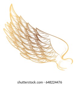 Vector illustration of golden wing, isolated on white background. Design element for emblem, sign, vintage style posters and more.
